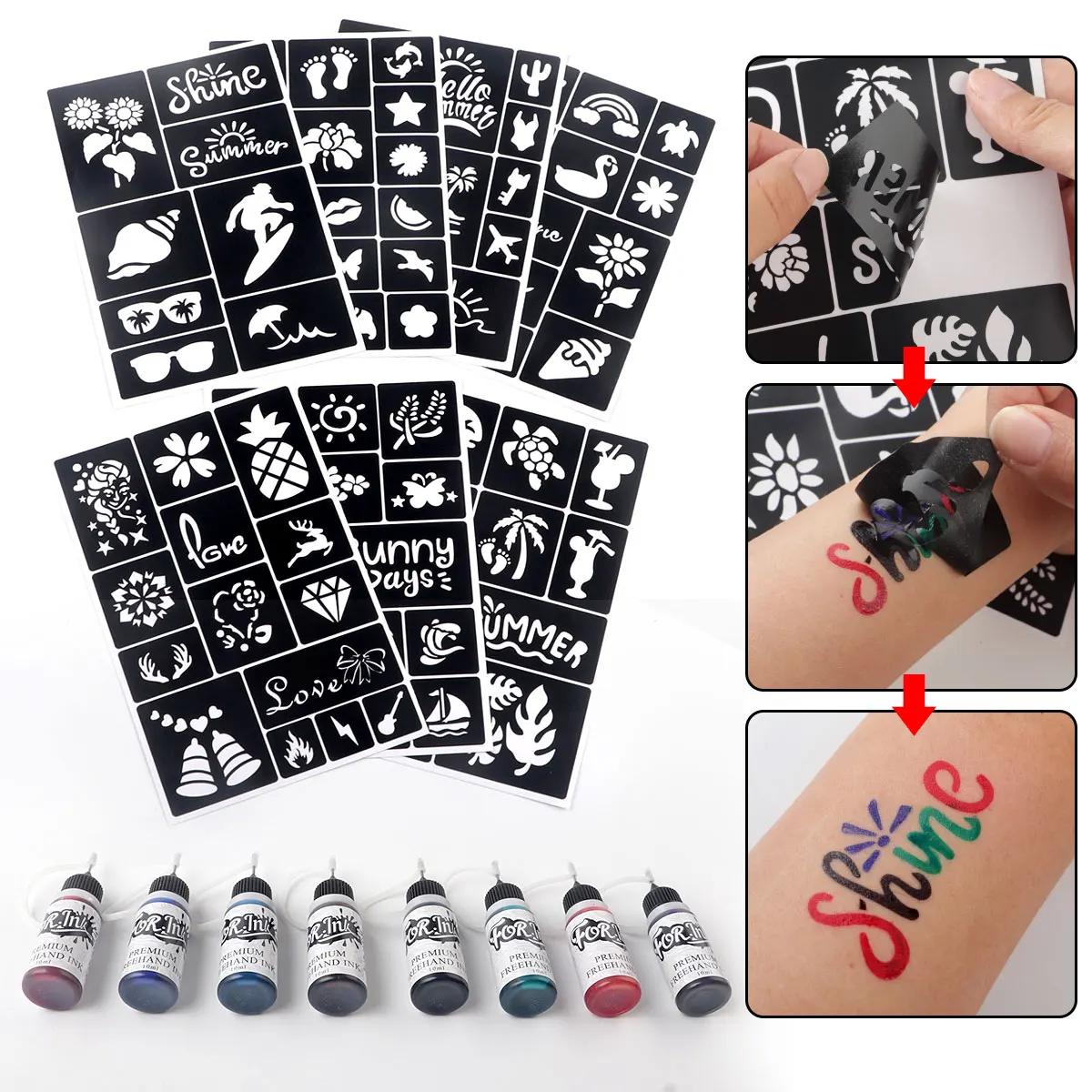 

Водостойкие долговечные временные чернила для татуировки, набор трафаретов, 82 дизайна, 8 цветов, боди-арт, цветная татуировка, пигментная соковая паста, для рисования тела своими руками, легко наносится и удаляется, Рождество, карнавальные праздничные по