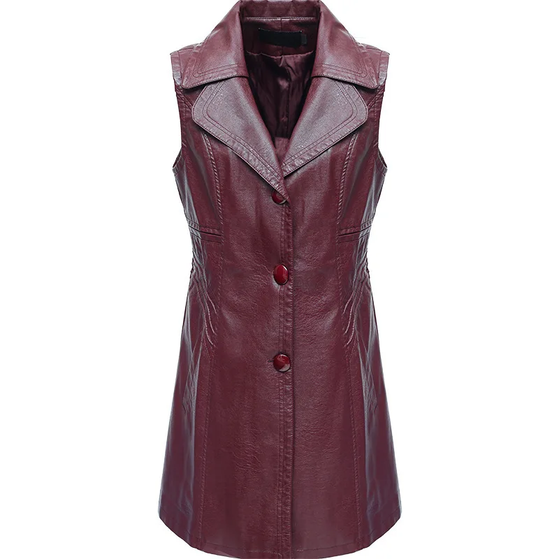 PU Leather Vest Women Slim Midi Casual Motorcycle Lady 2024 New Fashion Sleeveless Black Dark Red Waistcoat Female