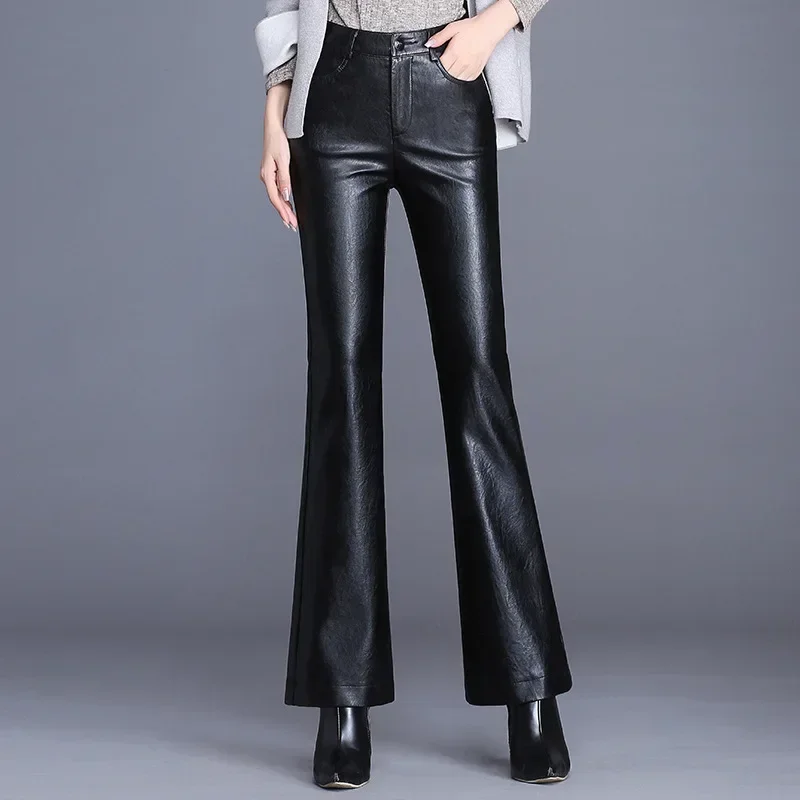 Women Leather Pants High Waist Flared Pants Slim Fit Side Pockets Solid Color Casual Party Fall Trousers Spring Autumn T627