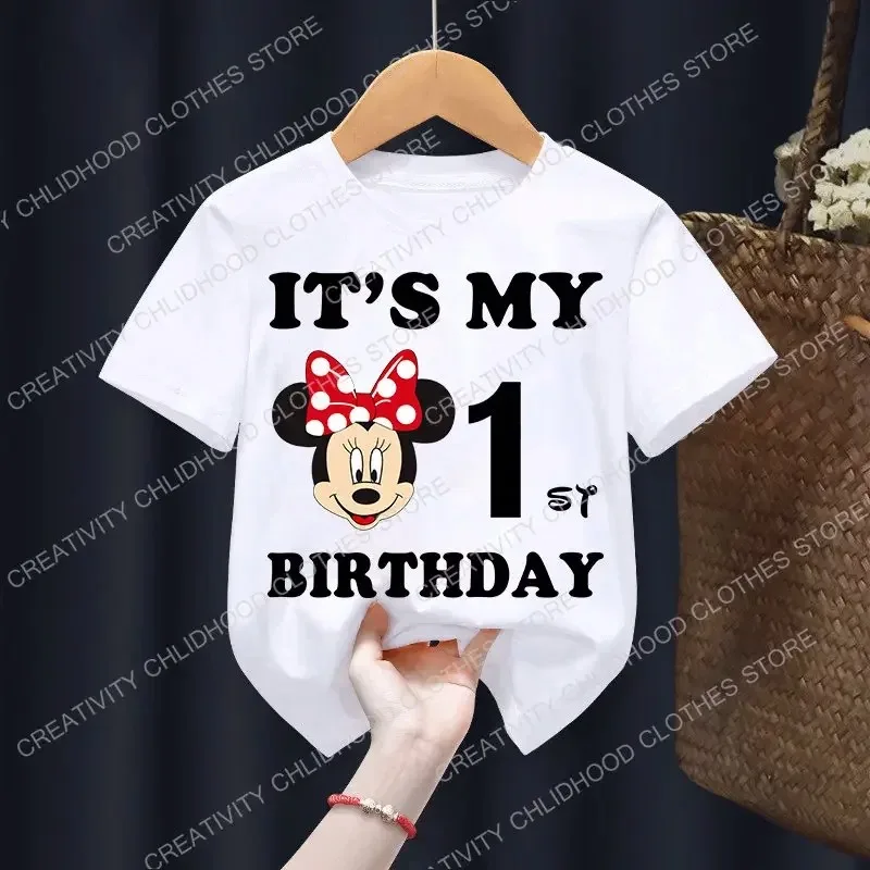 Mickey Minnie Kids T-shirt Disney Birthday # 1-9 Summer Boys Girls Clothes Kids Kawaii Anime Cartoon Family suit Casual T-shirt