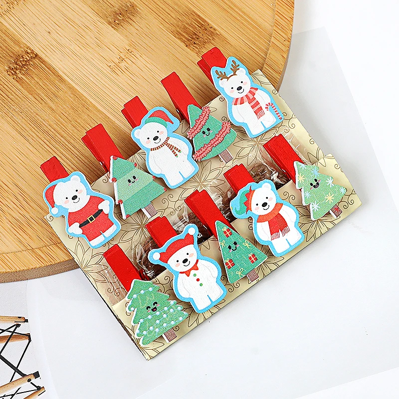 10pcs Christmas Wood Clips Wooden Santa Claus Snowflake Photo Frame Paper Clips Clothespins DIY Gift Bag Peg Pin Xmas Decoration