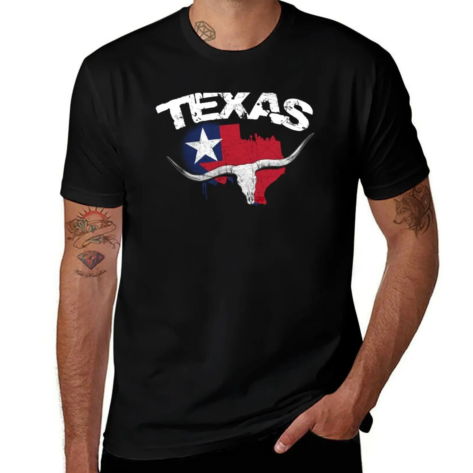 

Texas Flag Map Longhorn Skull T-Shirt T-shirts oversize cotton man t-shirts summer 2025 mens t shirts