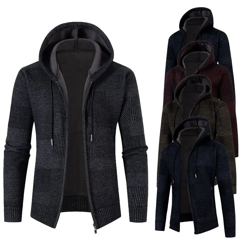 Prowow Men's Winter Thickened Cardigan Faux Sweater Cold Blouse Male Overcoat Hooded Plus Velvet Parkas Zip Outwear