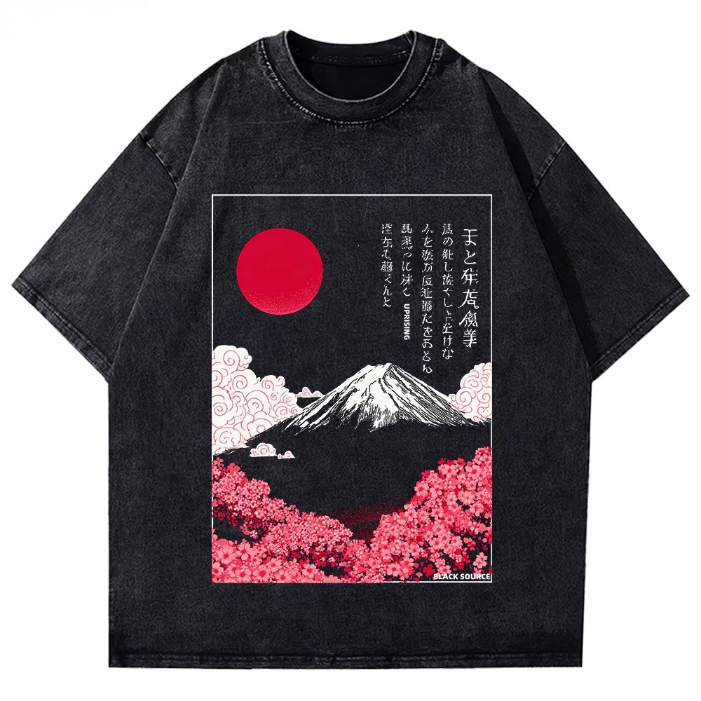 Mount Fuji Cherry Blossoms Prints Washed T-Shirts Men Women Cotton Short Sleeve Tops Summer O-Neck Oversized T Shirt Basic Tee