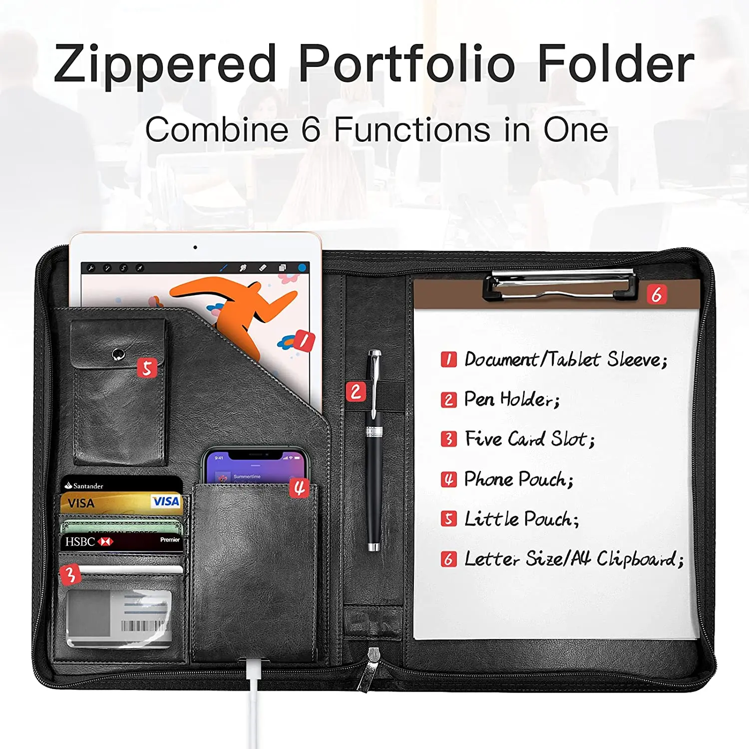 Smart Reusable Notebook A4 Dot Zippered Padfolio Organizer Leather Planner Folder Pockets Card Holders Multifunctional Business