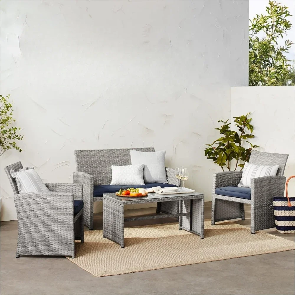 XMSJ-Outdoor Wicker Jardim Móveis Conjunto com Mesa de Café, Almofadas, Mobília do pátio, 4 pcs