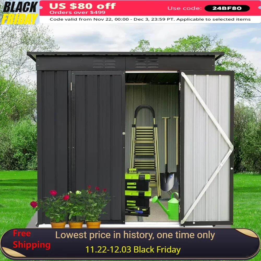 6 x 4 ft Outdoor Storage Shed, All Weather Metal Sheds with Metal Foundation & 2 Lockable Doors, Black Storage Shed