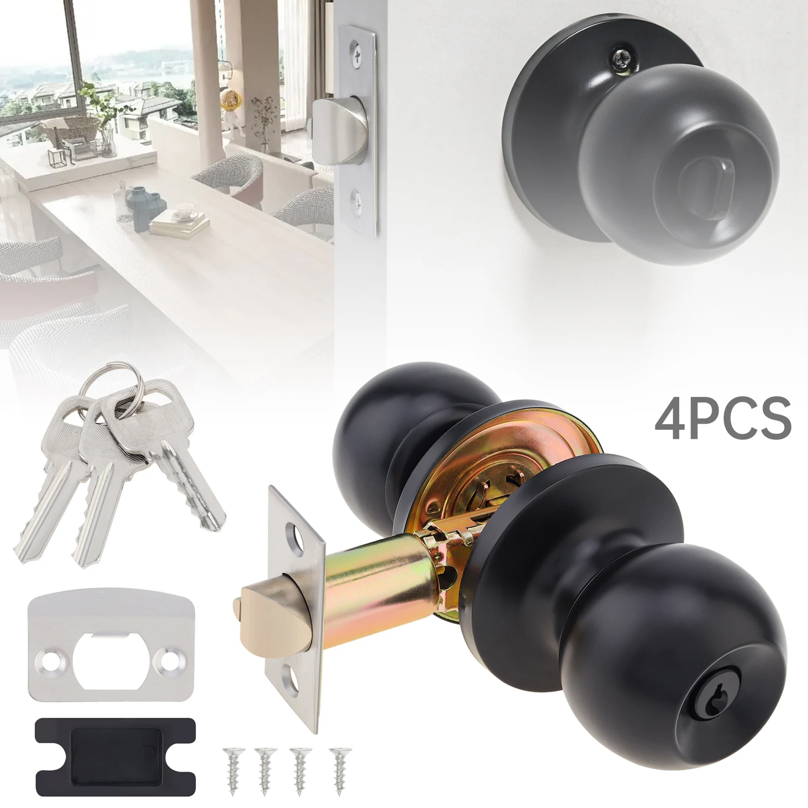 Maçaneta Fechaduras Interior e Exterior Porta Redonda Espessura de 181 97 in Fechadura da Porta de Madeira com Chave Pcs Aço Inoxidável Preto