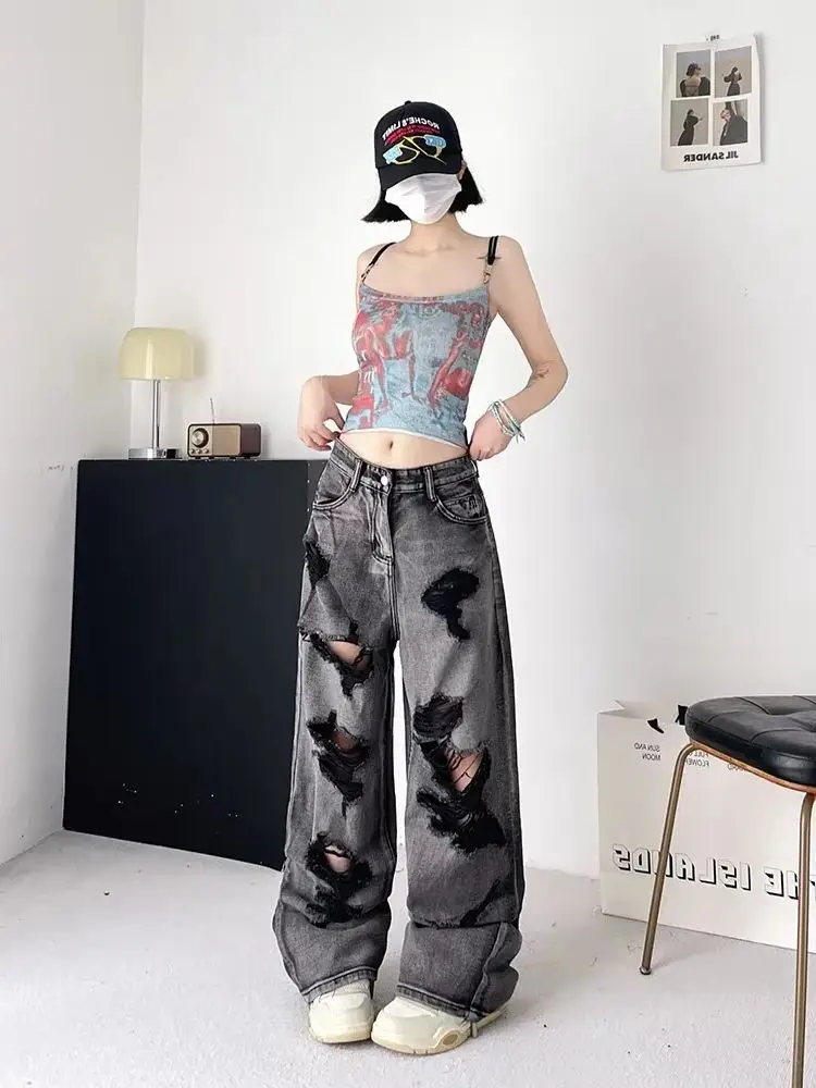 

Модные уличные узкие женские джинсы Y2K High Street Американские потертые женские джинсы с высокой талией Черные повседневные свободные прямые брюки