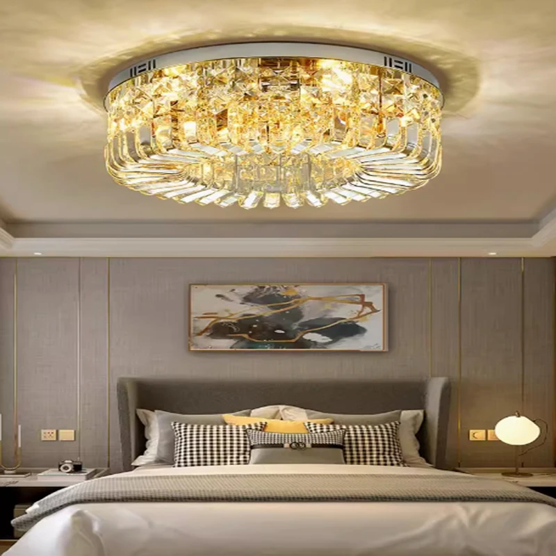 Crystal Ceiling Lights Modern Golden Living Room Decoration Round Ceiling Chandelier Lamp Indoor Decor Hanging Lamps for Bedroom