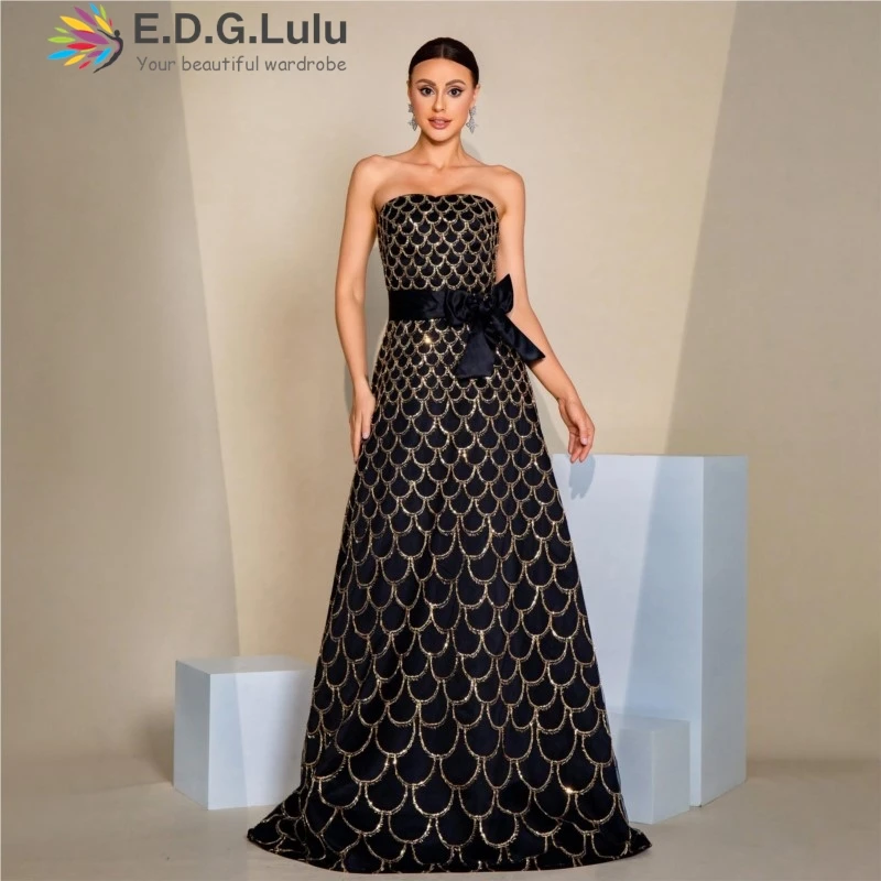 EDGLuLu Strapless Luxurious Women's Evening Dresses Woman High Waist Bow Sleeveless Backless Party Long Mermaid Dresses 1217