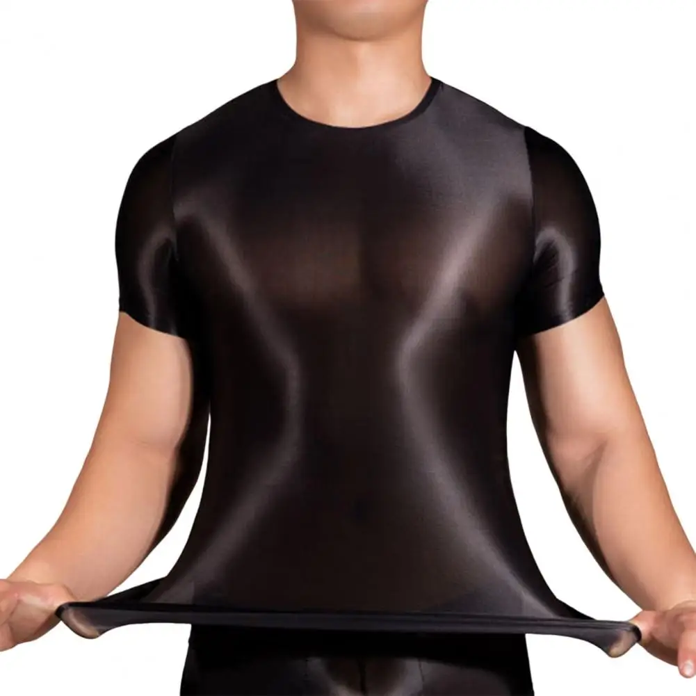 Kurzarm Glatt Glänzend T-shirt für Männer Durchsichtig Sexy Slim Fit Casual Sport T-shirt Männlich Einfarbig Gym Yoga Top Tees