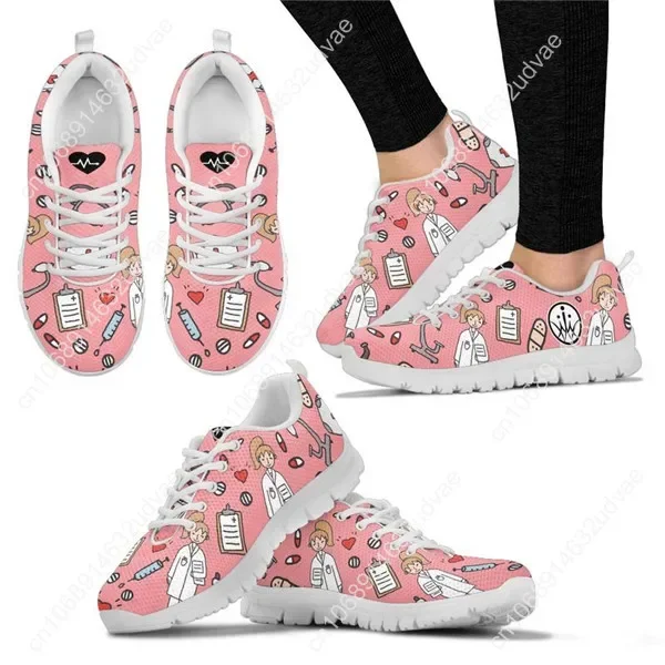 Cartoon Sketch Physio Print Flats Shoes Women Casual Mesh Summer Nurse Sneaker Light Lacing Footwear For Teen Girls New Fashion