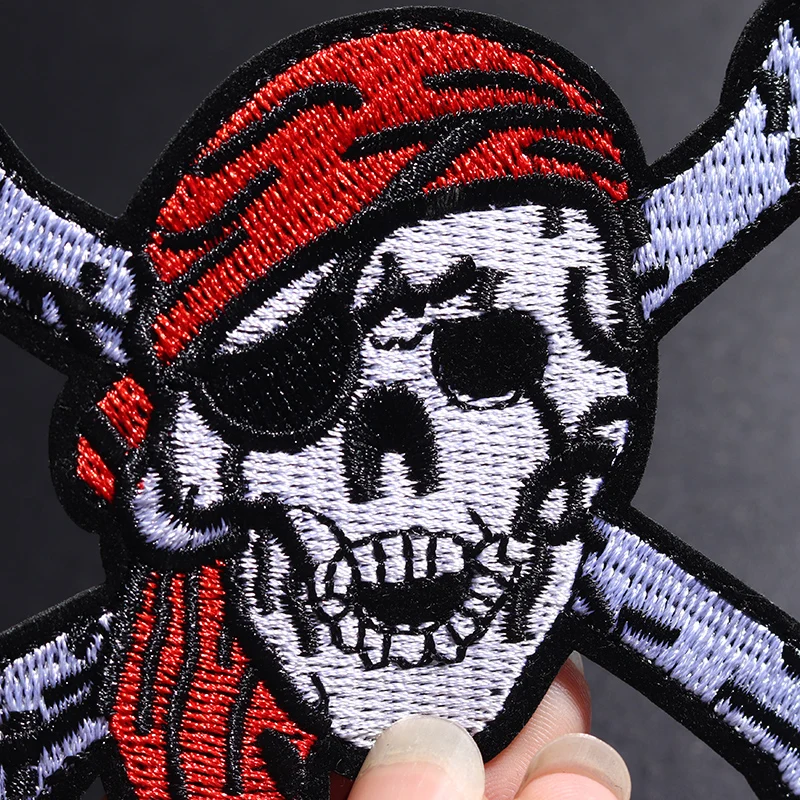 Pirate Skull (Size:9.4X7.1cm) Embroidered Patch for Clothing Iron on Sew Applique Cute Fabric Shoes Bags DIY Decoration