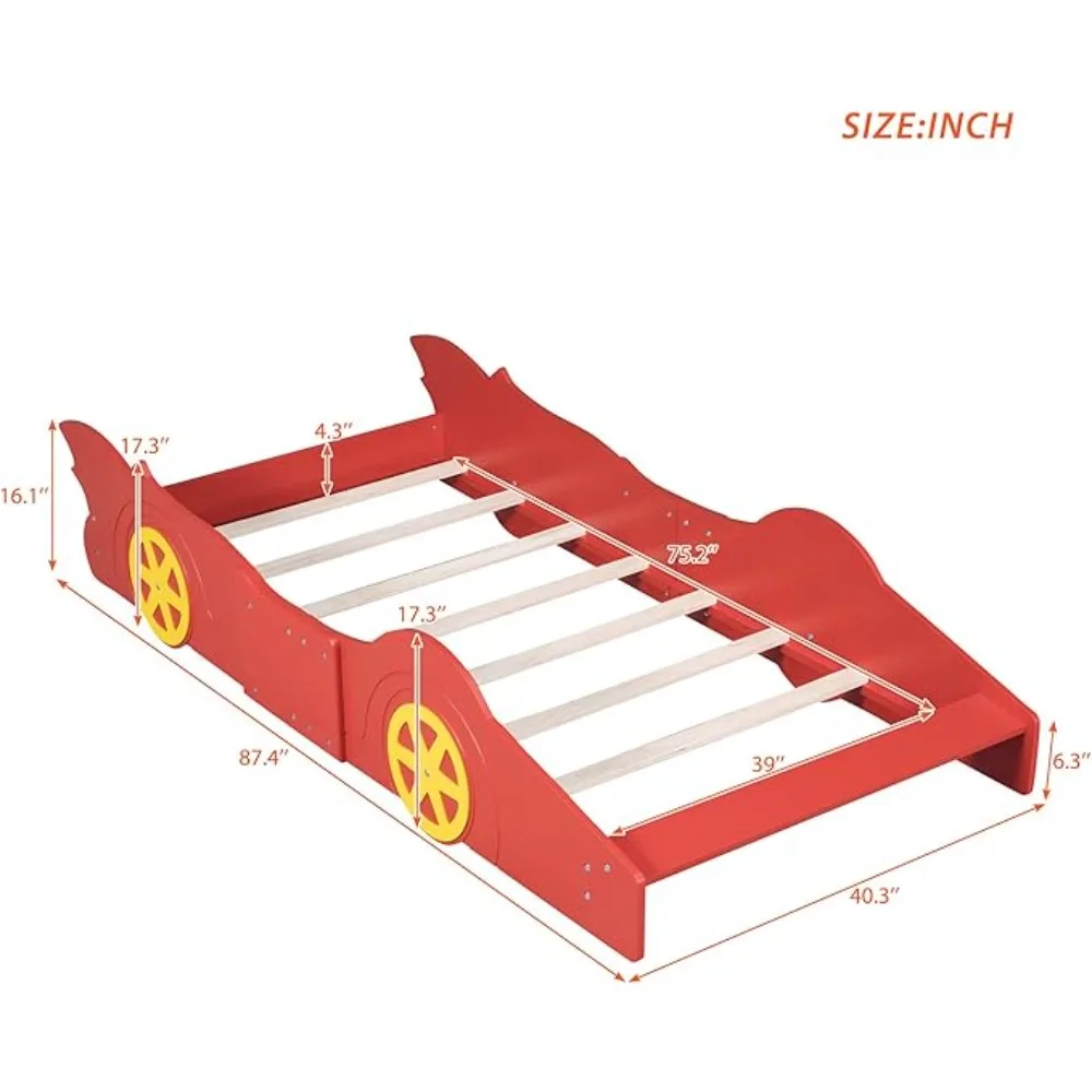 Children's Bed Bases, Race Car-Shaped Platform Bed with Wheels, Solid Wood  with Sturdy Wooden Slat Children's Bed Bases