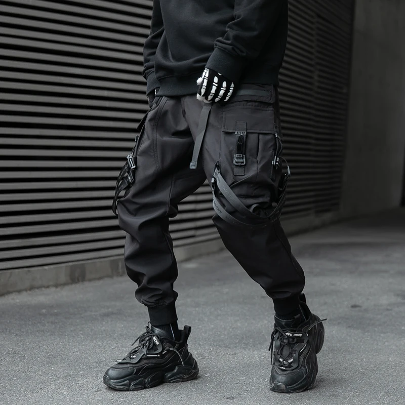 Unisex Tactical Cargo Pants Ribbons Joggers Trousers Spring Functional Elastic Waist Streetwear Pant Harajuku Men\'s Clothing