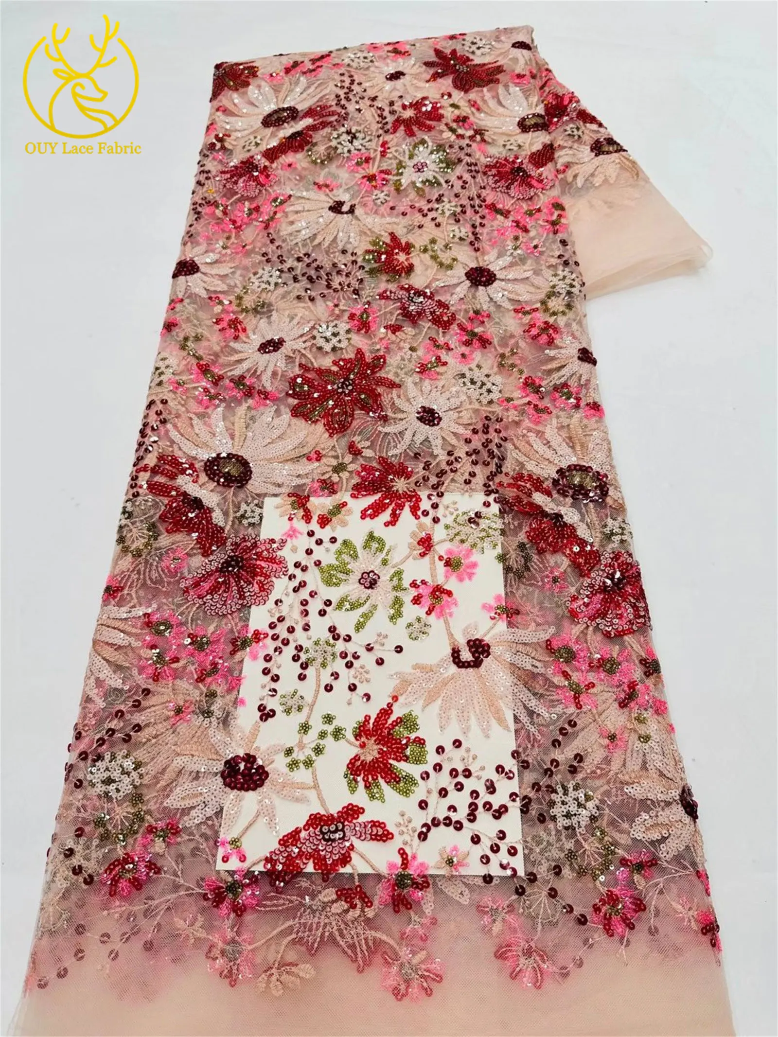 5 Yards des neuesten afrikanischen Pailletten bestickten Spitzenstoffs, hochwertiger französischer nigerianischer Mesh-Tüll-Spitzenstoff, Partykleid – Detail 9