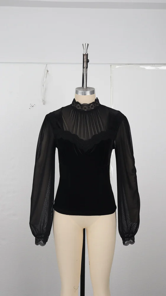 Vintage Elegante Mesh-Damenbluse Schwarze Transparente Slim-Fit Bluse mit Hohem Kragen Spitze Gothic Punk Korsett-Top Langarm Samt Mode-Blusen – Detail 8