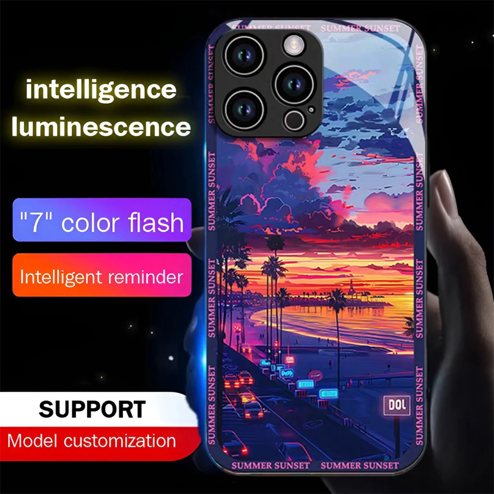 

Summer Sunset Design Smart LED Light Glow Tempered Glass Phone Case For iPhone Air 17 E 16 E 15 14 13 12 11 Pro Max XS XR Plus