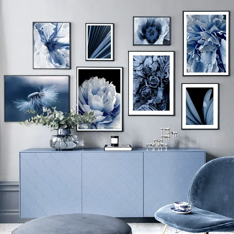 Nordische blaue Blumen Leinwand Malerei Löwenzahn Pfingstrose Blume Palmblätter Poster nach Hause Wohnzimmer Dekoration Pflanze Kunst Bilder