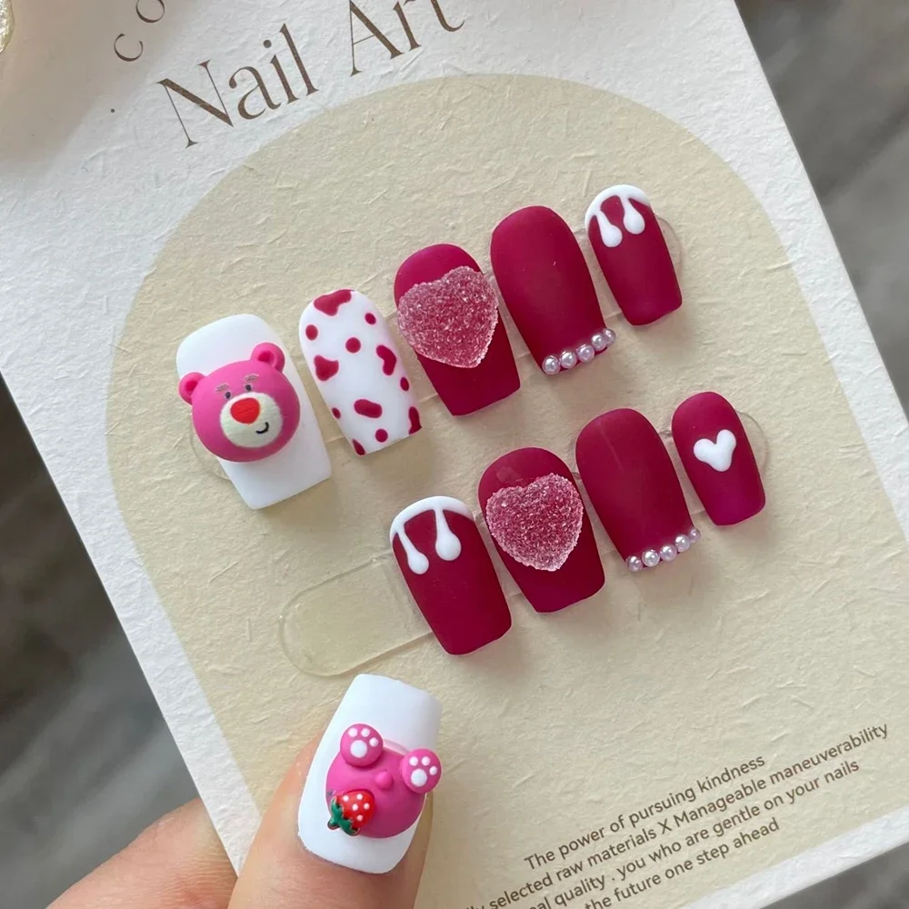 

Handmade Cute Pink Press on Nails Short Kawaii Cartoon Design Fake Nail with Glue Anime Reusable Full Cover Nail Tip False Nail