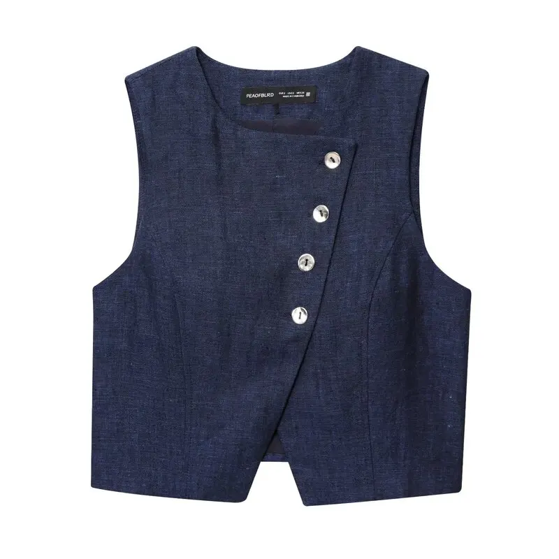 Neuankömmling Herbst 2025, Damen Faion Leinen Zweireiher Svel Round Ne Weste Tank Top Round Ne Button Sle