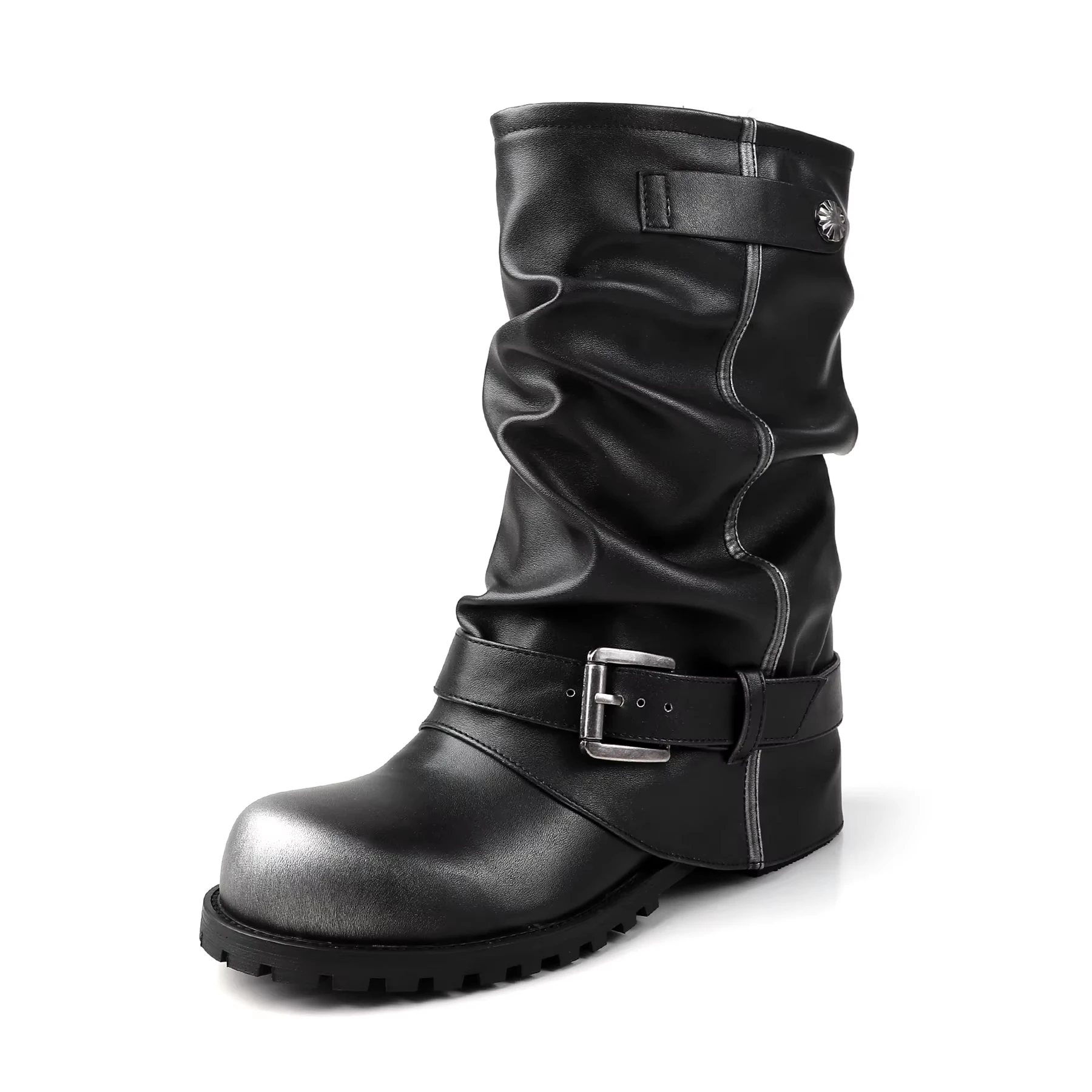 جلد البقر ميد الكعوب مطوي حزام مشبك الرجعية الأحذية الغربية أحذية الشتاء الدافئة الخريف العلامة التجارية الفاخرة يؤرخ النساء منتصف العجل الأحذية