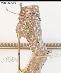 Gold Peep Toe Strap Rhinestone High Heel Sandals Lace Up Thin Heels Sexy High Heel Ankle Boots Women Pointy Toe Biker Boot