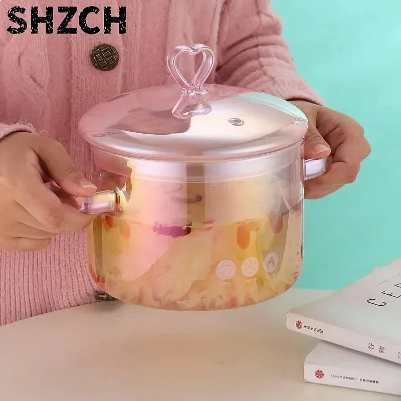 Pink Glass Pan 1.5L High Borosilicate Stew Pot Two Handles Transparent Soup Pot Love Design
