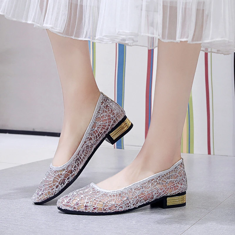 2023 Summer Women\'s Transparent Shoes Female Breathable Mesh Sandals Woman Party Sequins Low Heels Women Silver Big Size Sandals