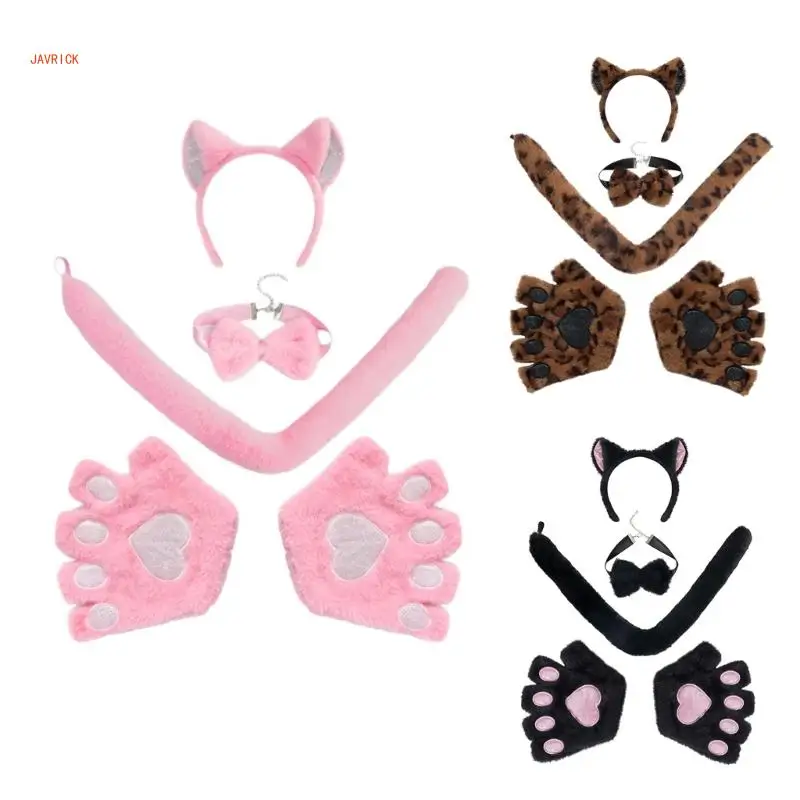 Cats Costume Set Cats Ear Headbands Tail Cats Paw Glove Bows Adult Kids Halloween Christmas Animal Cosplays Accessorise