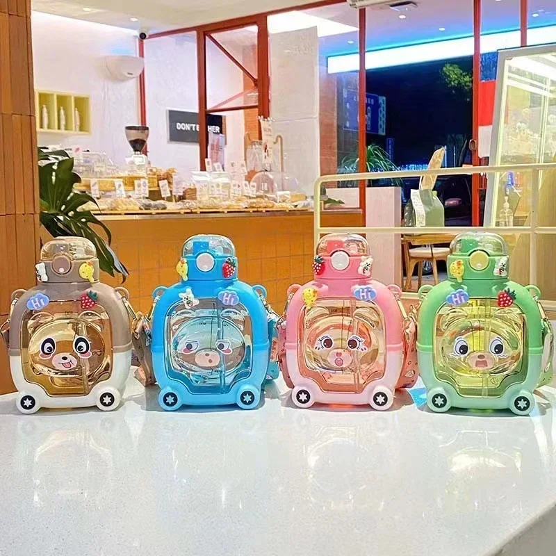 Children's Water Cup Summer Anti-drop Portable Straw Cup Girls High Value Can Cross Water Cup Magic Bear Square Water Bottles