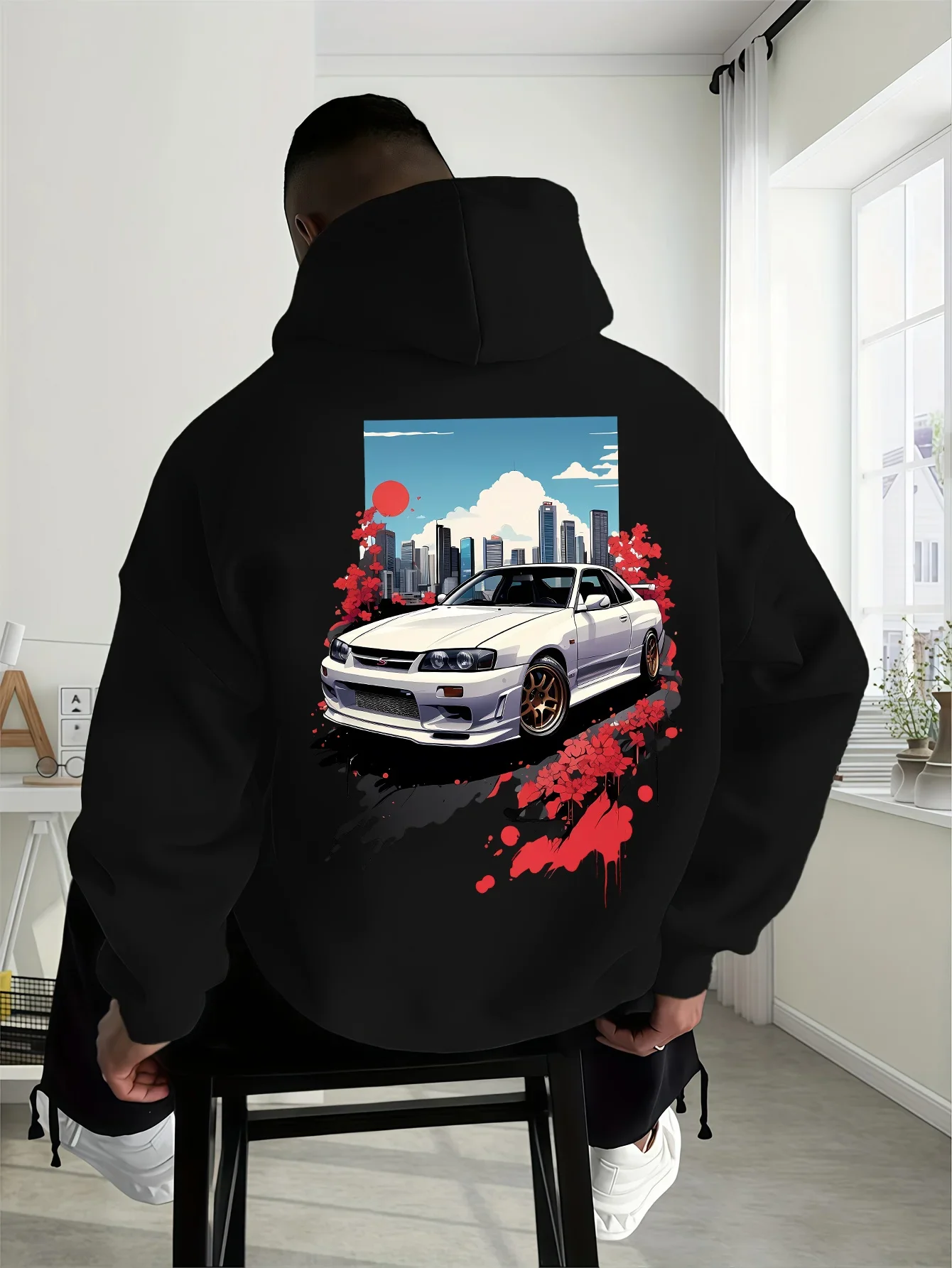 Trendy Versatile Loose Retro Japanese Performance Car Red Floral Splash Art Design Oversized Hooded Sweatshirt Men Women