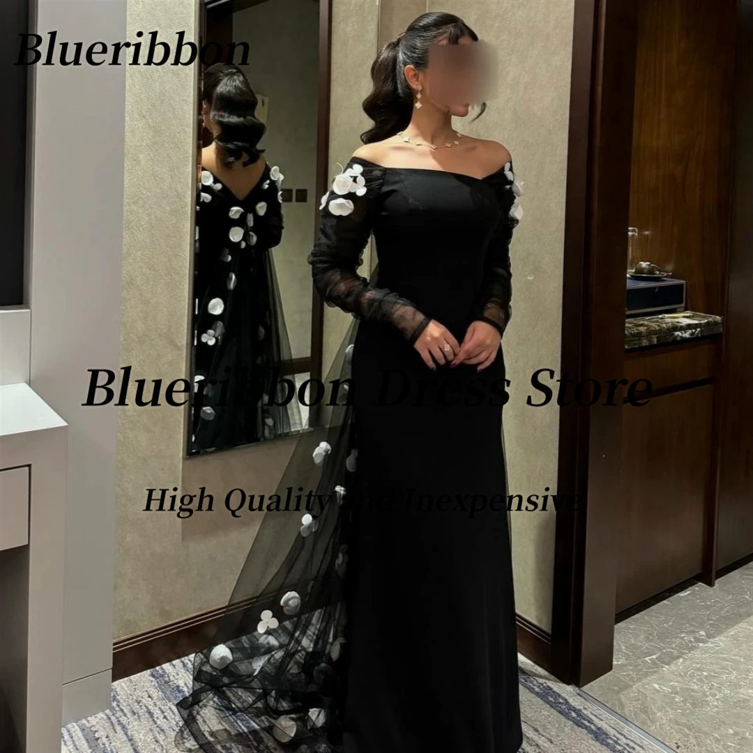 Blueribbon Black Prom Dresses Handmade White Flowers Vestidos De Noches Long Sleeves Evening Banquet Women Wear Formal Dress