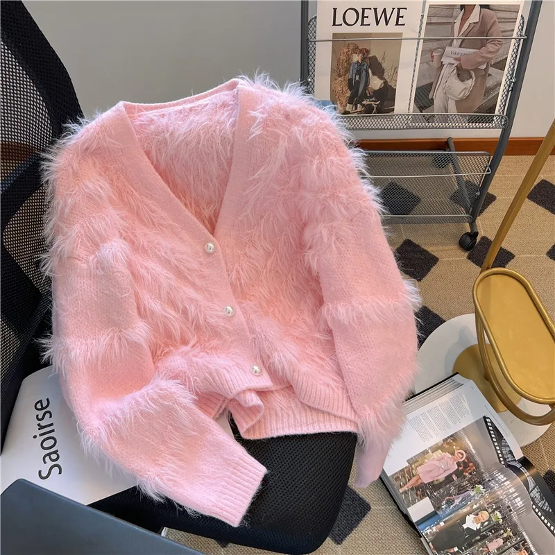 Soft Solid Color Sweater Autumn/Winter 2023 New Pink Imitation Mink Fur V-Neck Top Women\'s Korean Style Knitted Cardigan Coat