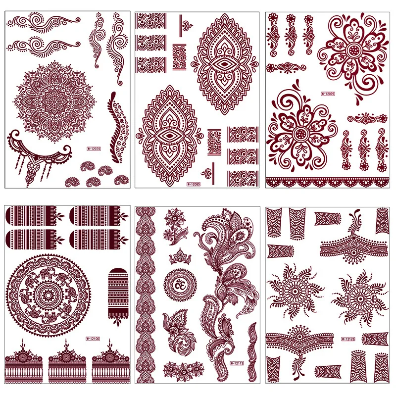 Red Lace Henna Tattoo Sexy Maroon Tattoo Stickers Waterproof India Mehndi Design Temporary Tattoos Finger Hand Tattoo For Women