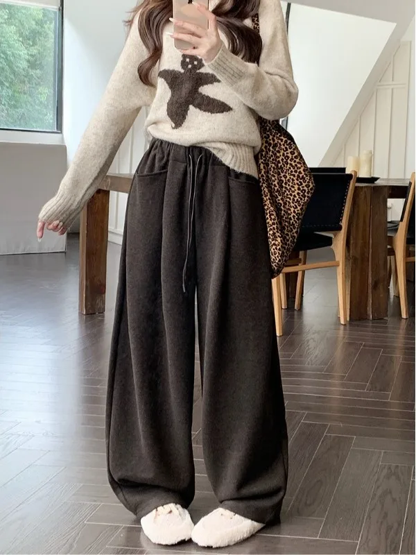Laid-back Wide Leg Casual Pants Women's High Waist Loose Fit Thickened Drawstring Spring New Style Korean Style Straight Leg ...