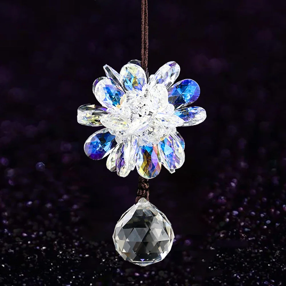 AB Color Peony Flower Crystal Prisms Car Pendant Suncatcher Rainbow Maker Auto Hanging Ornaments Rearview Mirror Car Decoration