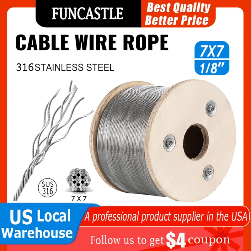 150M Wire Rope 316Steel Cable Clothes Line Strong Railing Kit 1/8