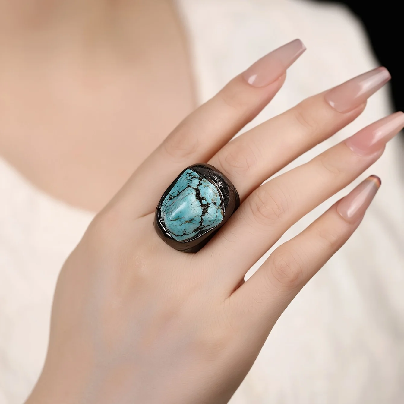 YEEVAA Boho-Chic Adjustable Ring with Natural Turquoise&Lemon Crystal - Vintage Style, Perfect for Casual Attire or Parties