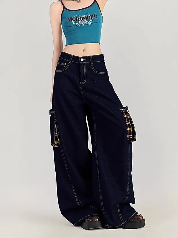 Calças Jeans de Perna Larga com Estampa Xadrez Americana Retro para Mulheres, Calças Largas de Cintura Alta, Novidade de Outono