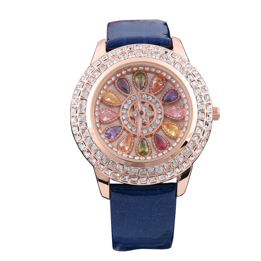 Korean Ladies Watch Colorful Rhinestones Dashi Dial Quartz Watch Casual Leather Ladies Clock Gift Relogio Feminino