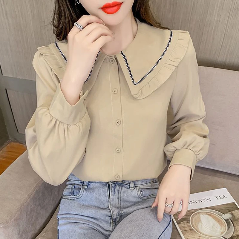 2023 Autumn Women Korean Fashion Elegant Button Shirts Sweet Ruffled Peter Pan Collar Solid Blouses Long Sleeve Chic Tops Blusa