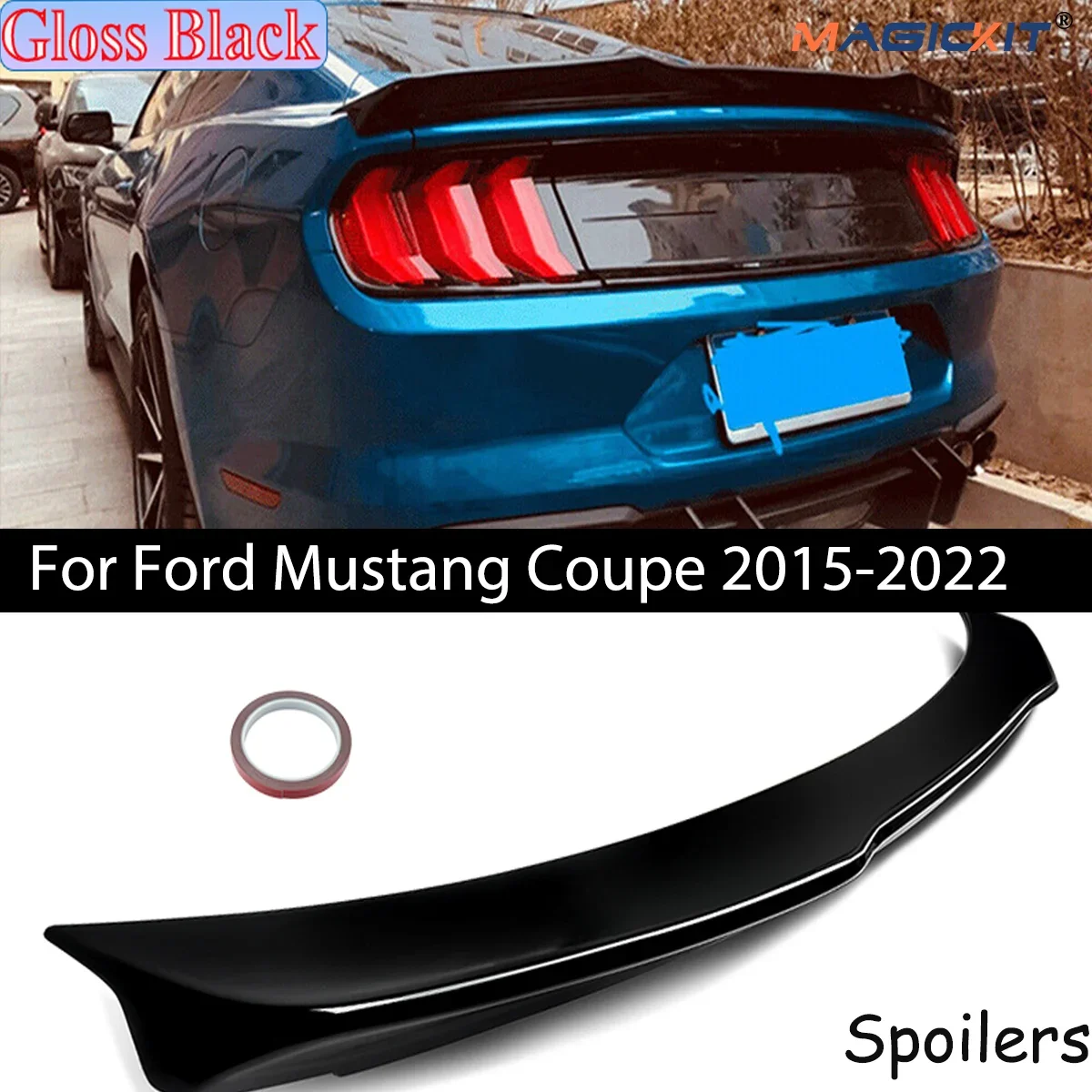 

MAGICKIT For Ford Mustang Coupe 2015-2022 GT H-Style Rear Trunk Spoiler Wing Gloss Black Mustang spoiler ABS Car Accessories