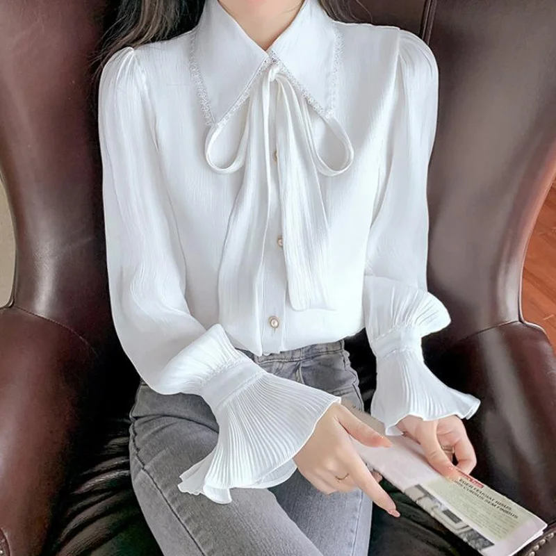 Temperament Lacing Bow Button Blouse Spring New Long Sleeve Solid Color Loose Pleated Shirt Tops Fashion Elegant Women Clothing