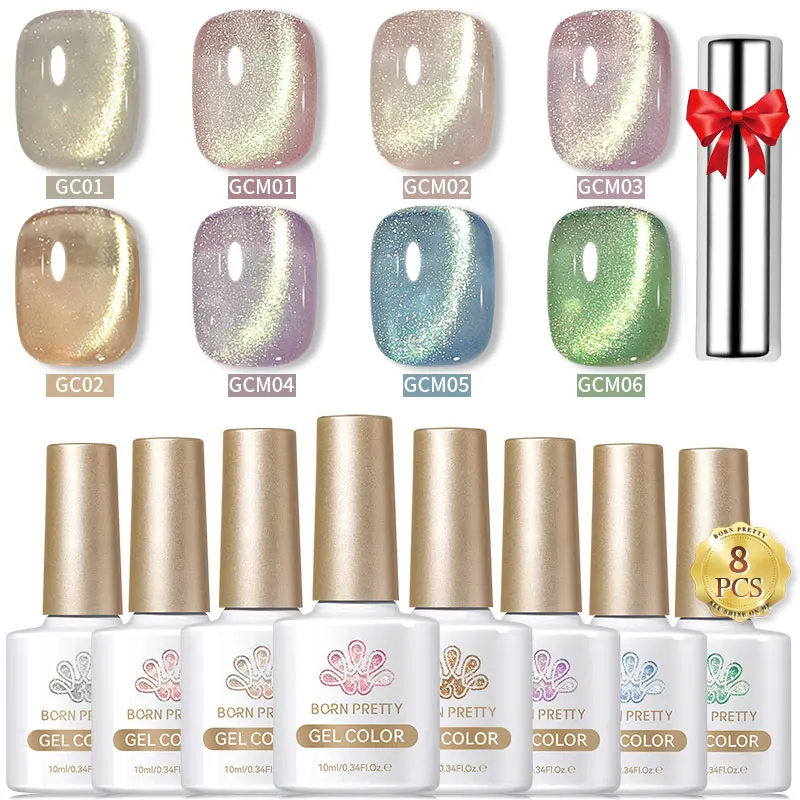 BORN PRETTY Green Cat Magnetic Gel Nail Polish Set of 8 Colors with Magnet Stick for Spring Summer Nails Designs Gel Kit