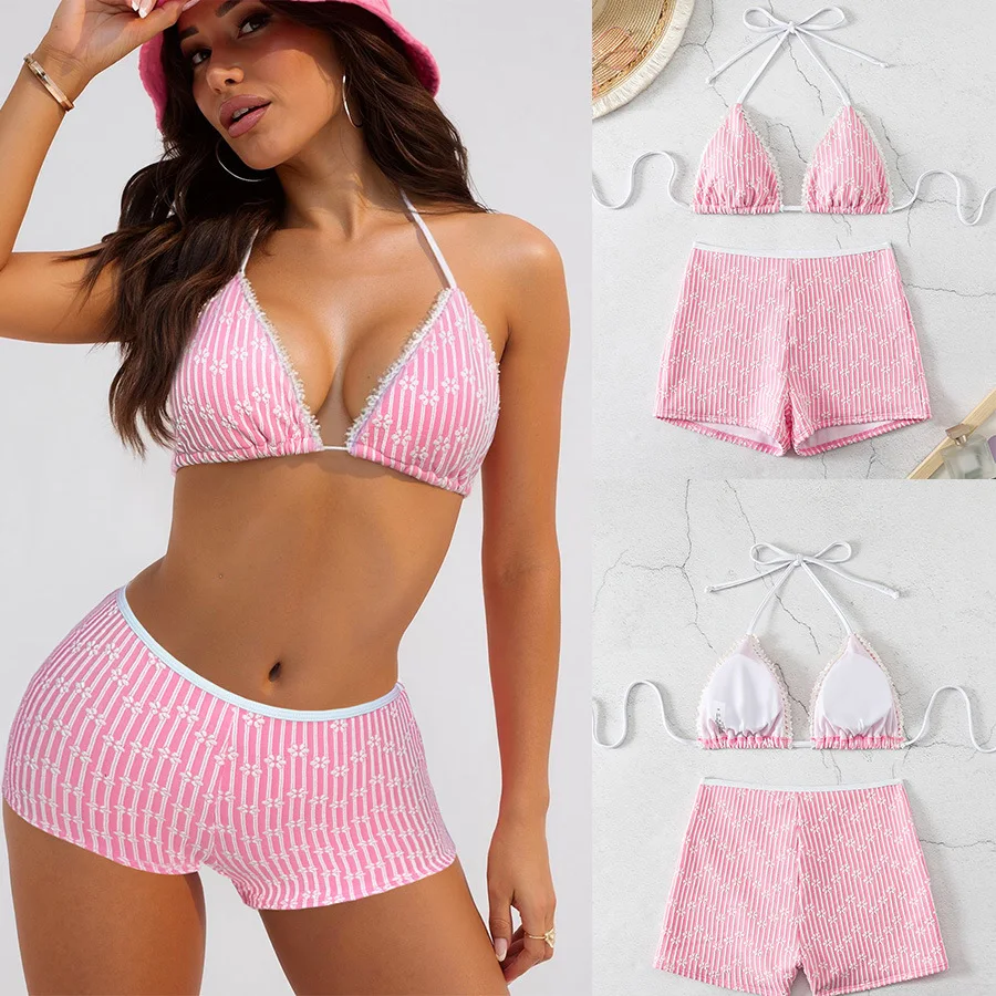 

2025 Summer Fashion Pink Stripe Sexy Two Piece Shorts Set Women Halter Bikini Set Holiday Beach Outfits Swimsuit Sweet Swimwear