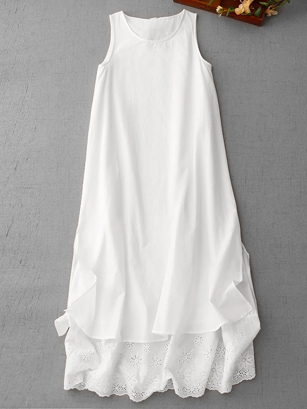 

Artistic Embroidered Sleeveless Dress Women's Crisp Summer Long Skirt Side Slit Maxi Dress Commute Style Loose Fit A-Line