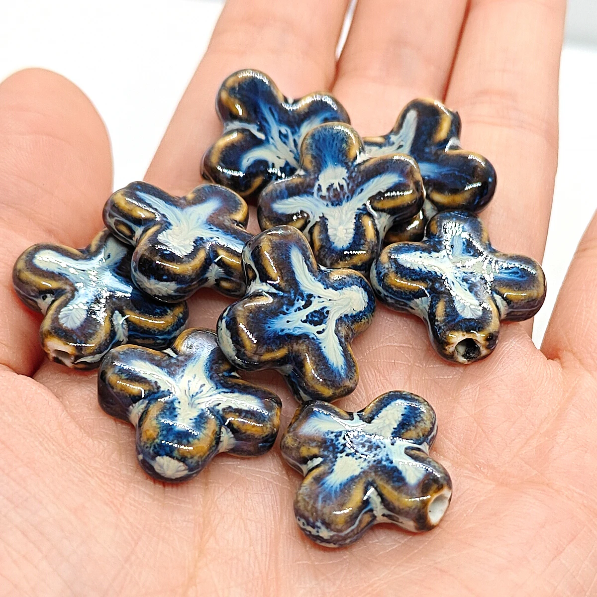 2.2cm 4pcs/6pcs  Handmade Fossil Color Cross-shaped Ceramic Beads For DIY Bracelet Keychain Necklace Gifts Accessories