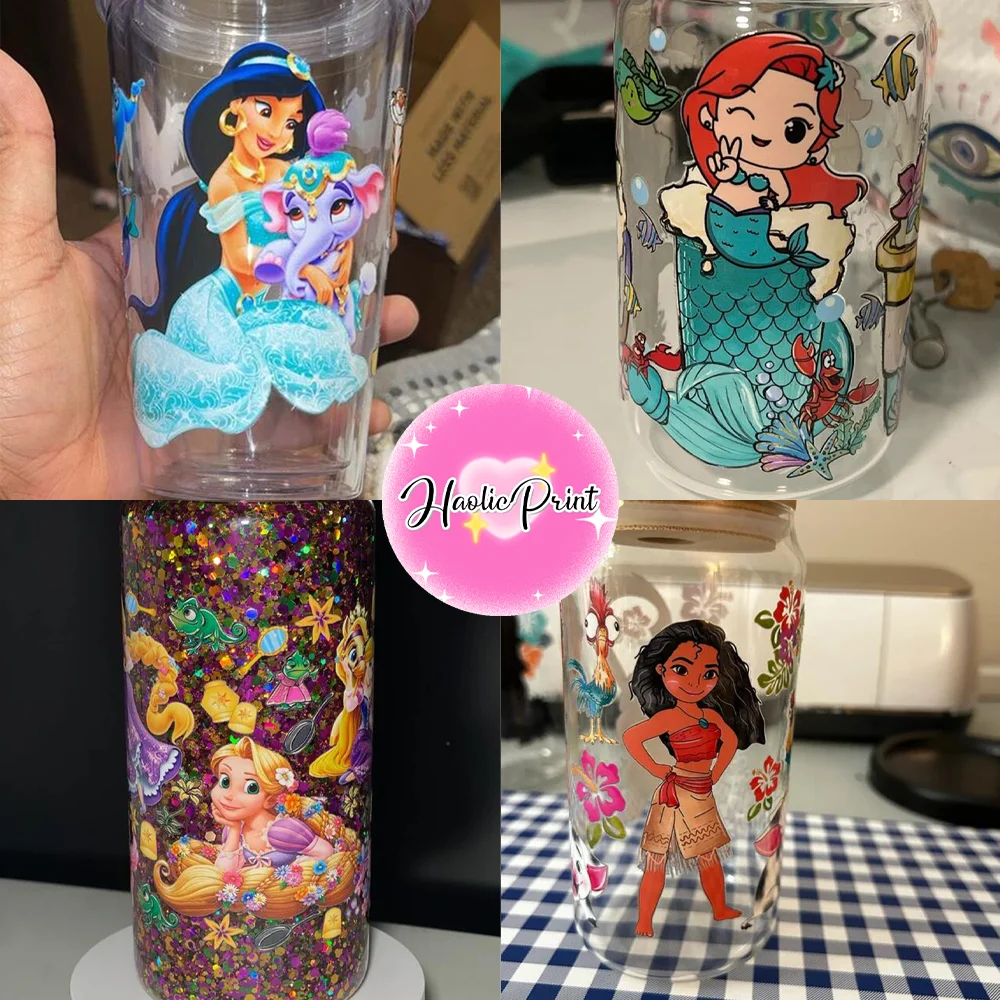 Disney Princess-envoltura de taza UV DTF de 16oz, pegatinas de transferencia de vaso de cerveza de vidrio Libbey de dibujos animados, adhesivo